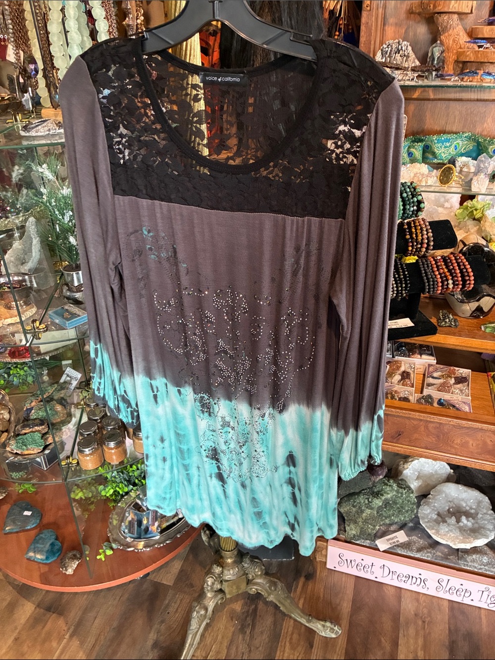 Women's Lace Yoke Dip-Dye Top in Brown and Teal